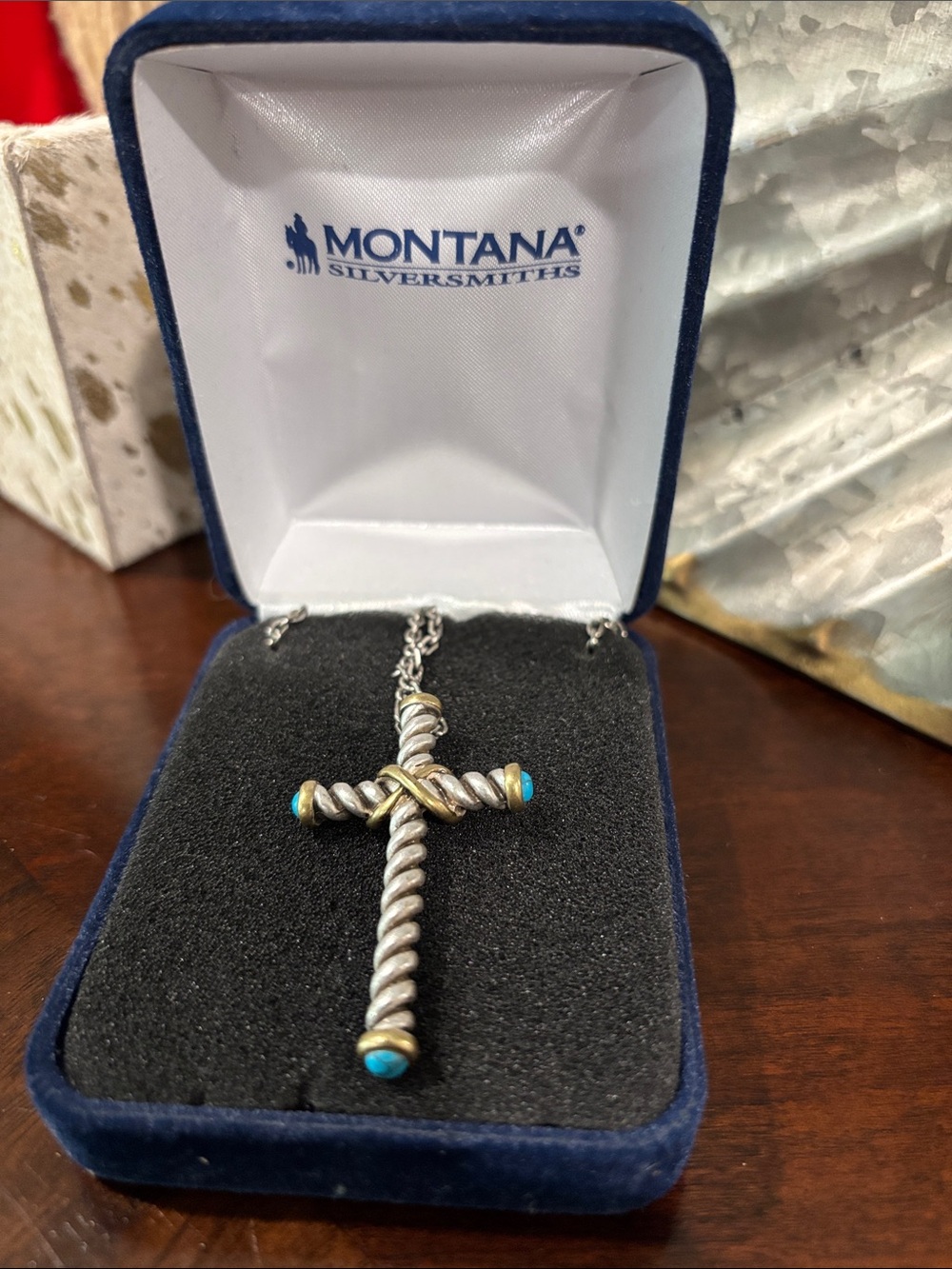 Montana Silversmiths Silver-Tone Twisted Cross with Turquoise Accents